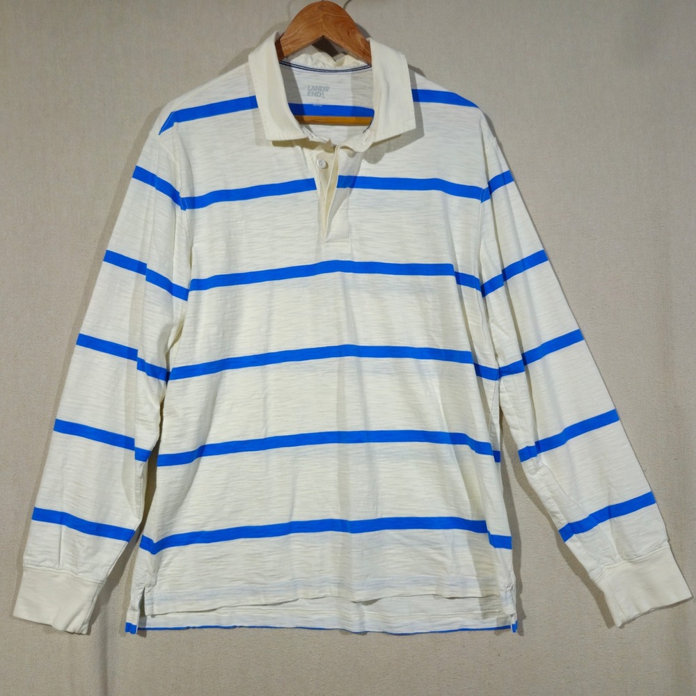 Lands End Mens Long Sleeve Striped Polo Shirt White Blue Size L Preppy 548447